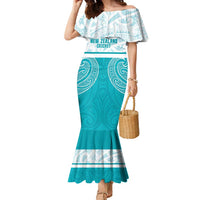 New Zealand Silver Fern Cricket Custom Family Matching Mermaid Dress and Hawaiian Shirt Black Cap Teal Maori Pattern - Polynesian Pride