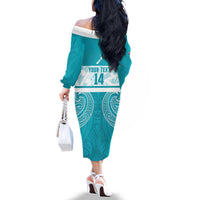 New Zealand Silver Fern Cricket Custom Family Matching Off The Shoulder Long Sleeve Dress and Hawaiian Shirt Black Cap Teal Maori Pattern - Polynesian Pride
