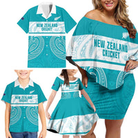 New Zealand Silver Fern Cricket Custom Family Matching Off Shoulder Short Dress and Hawaiian Shirt Black Cap Teal Maori Pattern - Polynesian Pride