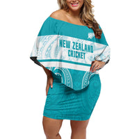 New Zealand Silver Fern Cricket Custom Family Matching Off Shoulder Short Dress and Hawaiian Shirt Black Cap Teal Maori Pattern - Polynesian Pride