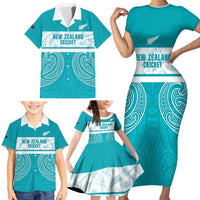 New Zealand Silver Fern Cricket Custom Family Matching Short Sleeve Bodycon Dress and Hawaiian Shirt Black Cap Teal Maori Pattern - Polynesian Pride