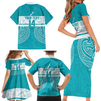 New Zealand Silver Fern Cricket Custom Family Matching Short Sleeve Bodycon Dress and Hawaiian Shirt Black Cap Teal Maori Pattern - Polynesian Pride