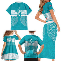 New Zealand Silver Fern Cricket Custom Family Matching Short Sleeve Bodycon Dress and Hawaiian Shirt Black Cap Teal Maori Pattern - Polynesian Pride