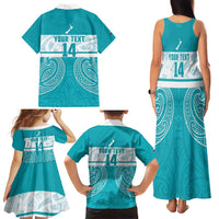 New Zealand Silver Fern Cricket Custom Family Matching Tank Maxi Dress and Hawaiian Shirt Black Cap Teal Maori Pattern - Polynesian Pride