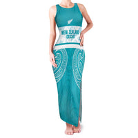 New Zealand Silver Fern Cricket Custom Family Matching Tank Maxi Dress and Hawaiian Shirt Black Cap Teal Maori Pattern - Polynesian Pride