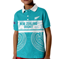 New Zealand Silver Fern Cricket Custom Kid Polo Shirt Black Cap Teal Maori Pattern LT14 Kid Teal - Polynesian Pride