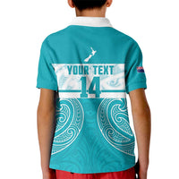 New Zealand Silver Fern Cricket Custom Kid Polo Shirt Black Cap Teal Maori Pattern LT14 - Polynesian Pride