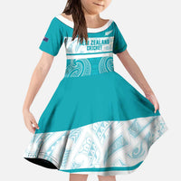 New Zealand Silver Fern Cricket Custom Kid Short Sleeve Dress Black Cap Teal Maori Pattern LT14 KID Teal - Polynesian Pride