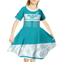 New Zealand Silver Fern Cricket Custom Kid Short Sleeve Dress Black Cap Teal Maori Pattern LT14 - Polynesian Pride
