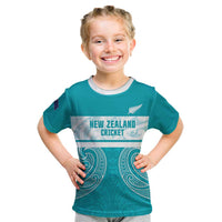 New Zealand Silver Fern Cricket Custom Kid T Shirt Black Cap Teal Maori Pattern LT14 Teal - Polynesian Pride
