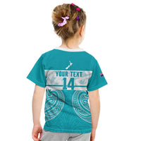 New Zealand Silver Fern Cricket Custom Kid T Shirt Black Cap Teal Maori Pattern LT14 - Polynesian Pride