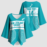 New Zealand Silver Fern Cricket Custom Kimono Sleeve Blouse Black Cap Teal Maori Pattern - Polynesian Pride