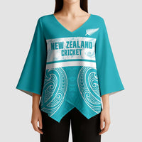 New Zealand Silver Fern Cricket Custom Kimono Sleeve Blouse Black Cap Teal Maori Pattern - Polynesian Pride
