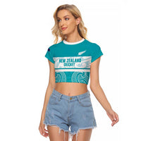 New Zealand Silver Fern Cricket Custom Raglan Cropped T Shirt Black Cap Teal Maori Pattern - Polynesian Pride