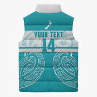 New Zealand Silver Fern Cricket Custom Sleeveless Puffer Jacket Black Cap Teal Maori Pattern - Polynesian Pride