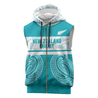 New Zealand Silver Fern Cricket Custom Sleeveless Zip Hoodie Black Cap Teal Maori Pattern - Polynesian Pride