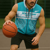 New Zealand Silver Fern Cricket Custom Sleeveless Zip Hoodie Black Cap Teal Maori Pattern LT14 - Polynesian Pride
