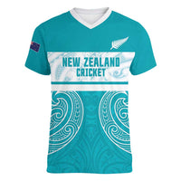 New Zealand Silver Fern Cricket Custom Women V-Neck T-Shirt Black Cap Teal Maori Pattern - Polynesian Pride