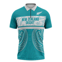 New Zealand Silver Fern Cricket Custom Zipper Polo Shirt Black Cap Teal Maori Pattern - Polynesian Pride