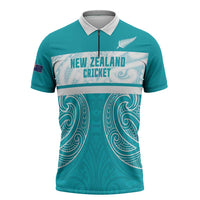 New Zealand Silver Fern Cricket Custom Zipper Polo Shirt Black Cap Teal Maori Pattern LT14 Teal - Polynesian Pride