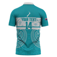New Zealand Silver Fern Cricket Custom Zipper Polo Shirt Black Cap Teal Maori Pattern LT14 - Polynesian Pride