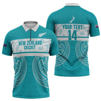 New Zealand Silver Fern Cricket Custom Zipper Polo Shirt Black Cap Teal Maori Pattern LT14 - Polynesian Pride
