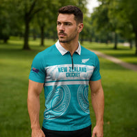 New Zealand Silver Fern Cricket Custom Zipper Polo Shirt Black Cap Teal Maori Pattern LT14 - Polynesian Pride