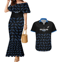 New Zealand Silver Fern Cricket Custom Couples Matching Mermaid Dress and Hawaiian Shirt Black Cap T20 Version - Polynesian Pride