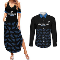 New Zealand Silver Fern Cricket Custom Couples Matching Summer Maxi Dress and Long Sleeve Button Shirt Black Cap T20 Version - Polynesian Pride