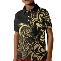 Gold And Black Aoteara Horse Racing Kid Polo Shirt NZ Maori Pattern