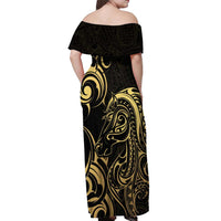 Gold And Black Aotearoa Horse Racing Off Shoulder Maxi Dress NZ Maori Pattern LT14 - Polynesian Pride