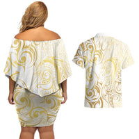 Gold And White Aotearoa Horse Racing Couples Matching Off Shoulder Short Dress and Hawaiian Shirt NZ Maori Pattern LT14 - Polynesian Pride