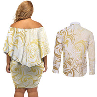 Gold And White Aotearoa Horse Racing Couples Matching Off Shoulder Short Dress and Long Sleeve Button Shirt NZ Maori Pattern LT14 - Polynesian Pride