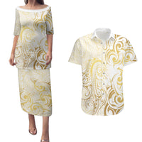 Gold And White Aotearoa Horse Racing Couples Matching Puletasi and Hawaiian Shirt NZ Maori Pattern LT14 White - Polynesian Pride