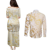 Gold And White Aotearoa Horse Racing Couples Matching Puletasi and Long Sleeve Button Shirt NZ Maori Pattern LT14 - Polynesian Pride