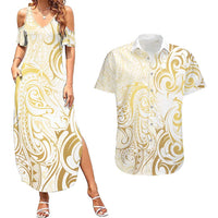 Gold And White Aotearoa Horse Racing Couples Matching Summer Maxi Dress and Hawaiian Shirt NZ Maori Pattern LT14 White - Polynesian Pride