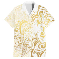 Gold And White Aoteara Horse Racing Family Matching Off The Shoulder Long Sleeve Dress and Hawaiian Shirt NZ Maori Pattern