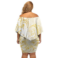 Gold And White Aotearoa Horse Racing Off Shoulder Short Dress NZ Maori Pattern LT14 - Polynesian Pride