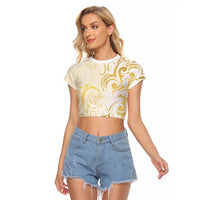 Gold And White Aotearoa Horse Racing Raglan Cropped T Shirt NZ Maori Pattern LT14 Female White - Polynesian Pride
