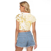 Gold And White Aotearoa Horse Racing Raglan Cropped T Shirt NZ Maori Pattern LT14 - Polynesian Pride