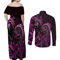 Pink Aotearoa Horse Racing Couples Matching Off Shoulder Maxi Dress and Long Sleeve Button Shirt NZ Maori Pattern LT14 - Polynesian Pride