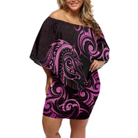 Pink Aotearoa Horse Racing Off Shoulder Short Dress NZ Maori Pattern LT14 Women Pink - Polynesian Pride