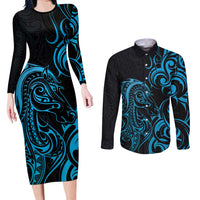 Blue Aotearoa Horse Racing Couples Matching Long Sleeve Bodycon Dress and Long Sleeve Button Shirt NZ Maori Pattern LT14 Blue - Polynesian Pride