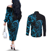 Blue Aotearoa Horse Racing Couples Matching Off The Shoulder Long Sleeve Dress and Long Sleeve Button Shirt NZ Maori Pattern LT14 - Polynesian Pride