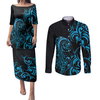 Blue Aotearoa Horse Racing Couples Matching Puletasi and Long Sleeve Button Shirt NZ Maori Pattern LT14 Blue - Polynesian Pride