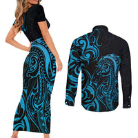 Blue Aotearoa Horse Racing Couples Matching Short Sleeve Bodycon Dress and Long Sleeve Button Shirt NZ Maori Pattern LT14 - Polynesian Pride