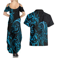 Blue Aotearoa Horse Racing Couples Matching Summer Maxi Dress and Hawaiian Shirt NZ Maori Pattern LT14 - Polynesian Pride