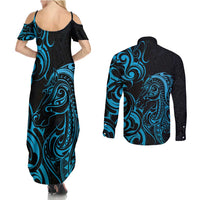Blue Aotearoa Horse Racing Couples Matching Summer Maxi Dress and Long Sleeve Button Shirt NZ Maori Pattern LT14 - Polynesian Pride