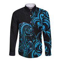 Blue Aoteara Horse Racing Long Sleeve Button Shirt NZ Maori Pattern