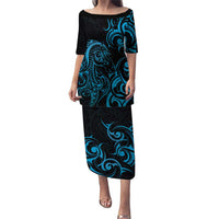 Blue Aotearoa Horse Racing Puletasi NZ Maori Pattern LT14 Long Dress Blue - Polynesian Pride